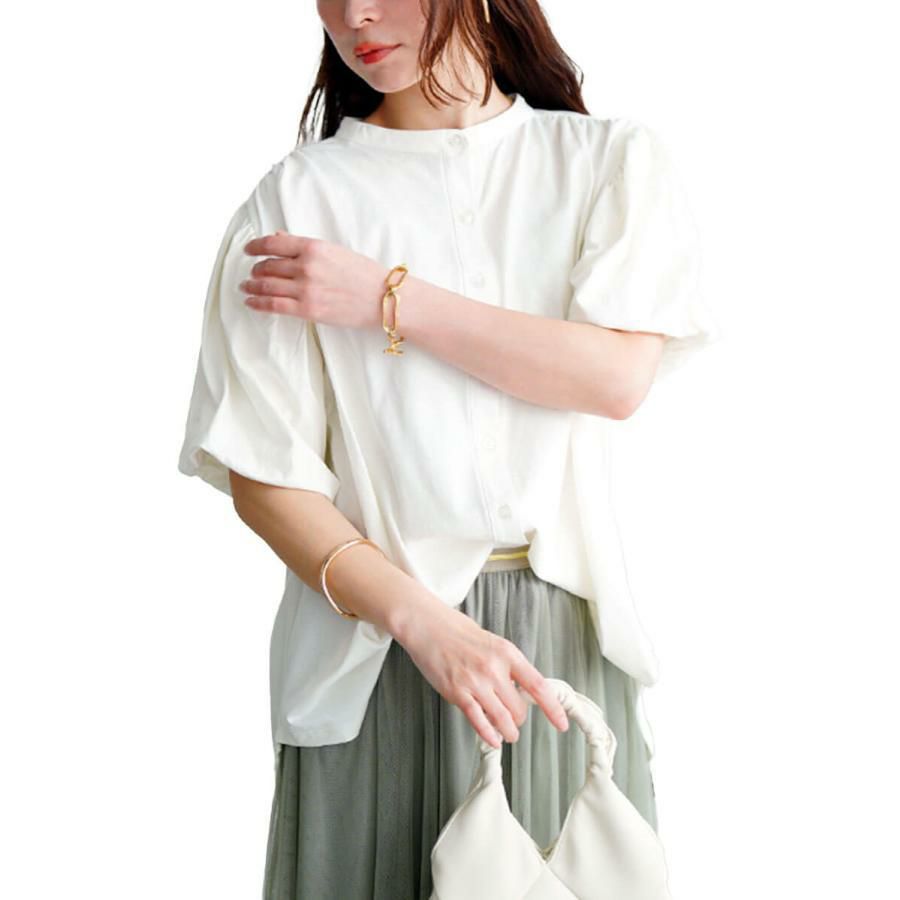 大きいサイズ レディース バンドカラーパフスリーブコットンカットソー　wk-0520【メール便可】 オフホワイト