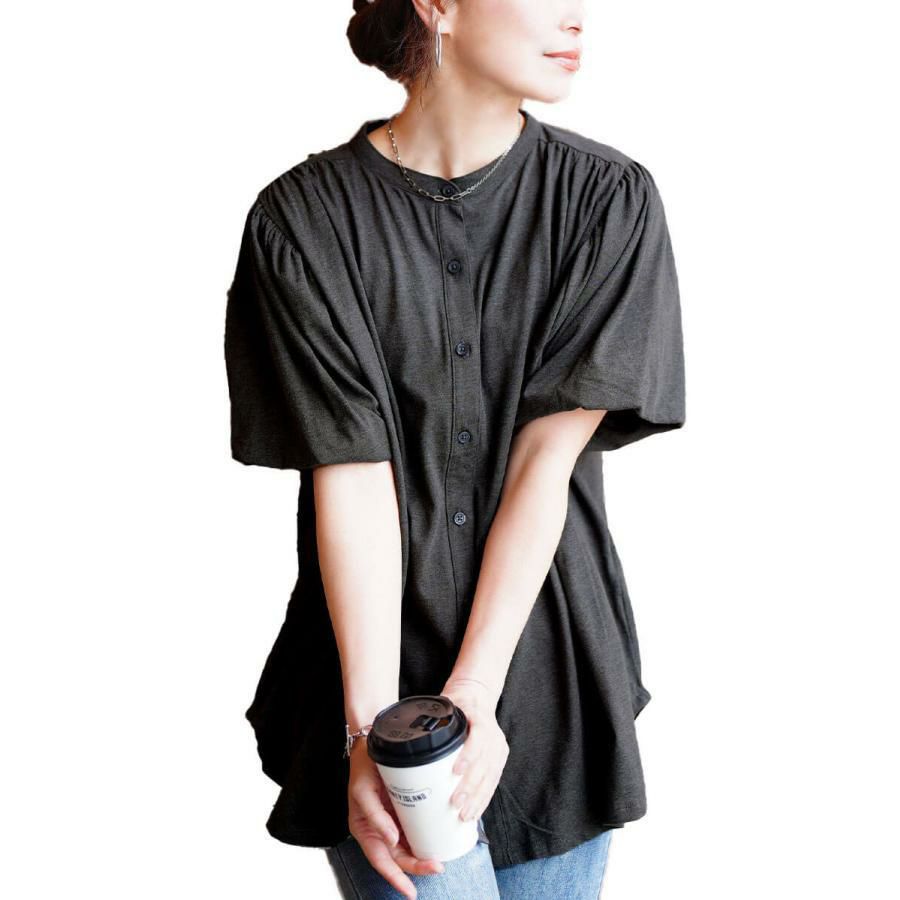 大きいサイズ レディース バンドカラーパフスリーブコットンカットソー　wk-0520【メール便可】 チャコールグレー