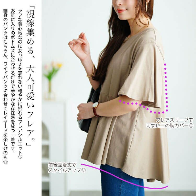 大きいサイズ レディース フレアスリーブペプラムコットンカットソー　wk-0517【メール便可】