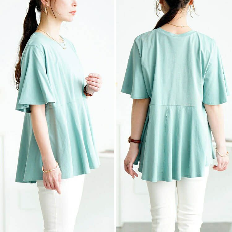 大きいサイズ レディース フレアスリーブペプラムコットンカットソー　wk-0517【メール便可】