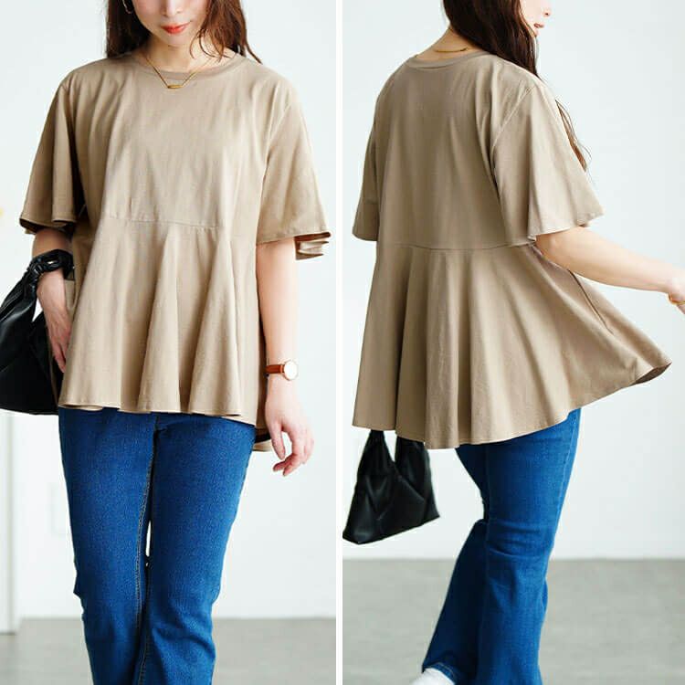 大きいサイズ レディース フレアスリーブペプラムコットンカットソー　wk-0517【メール便可】