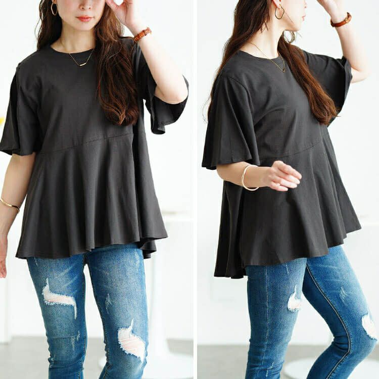 大きいサイズ レディース フレアスリーブペプラムコットンカットソー　wk-0517【メール便可】