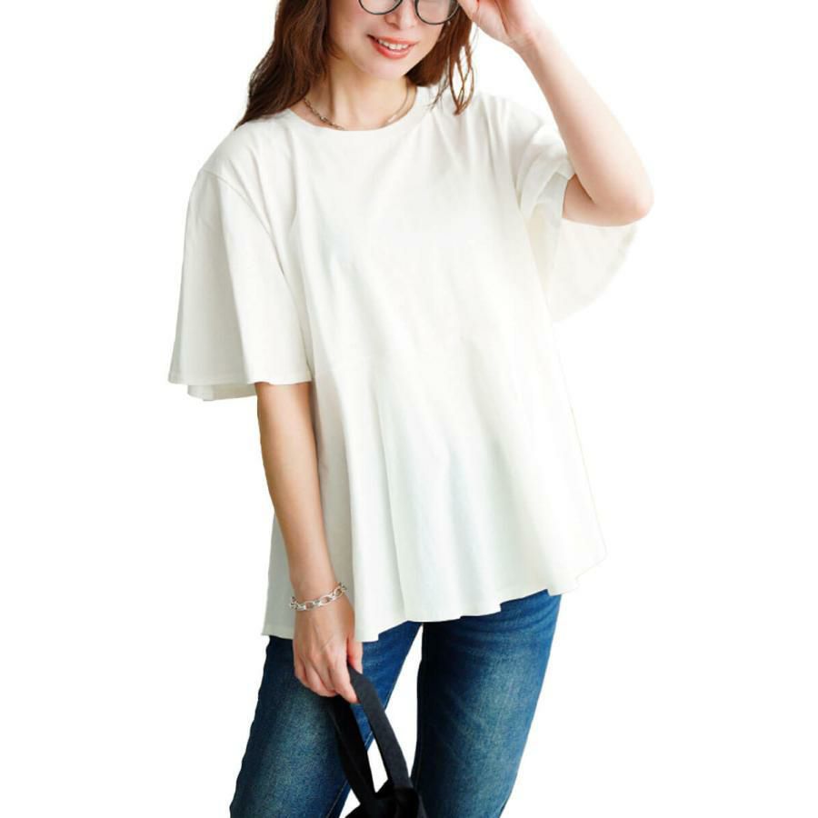 大きいサイズ レディース フレアスリーブペプラムコットンカットソー　wk-0517【メール便可】 オフホワイト