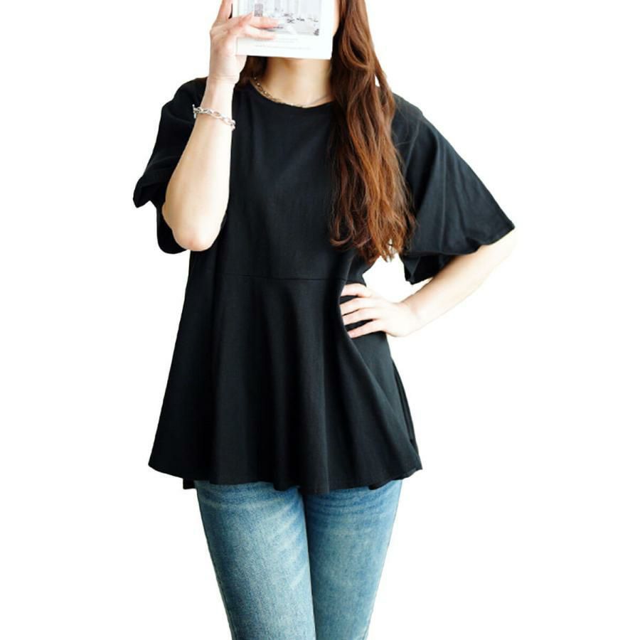大きいサイズ レディース フレアスリーブペプラムコットンカットソー　wk-0517【メール便可】 ブラック
