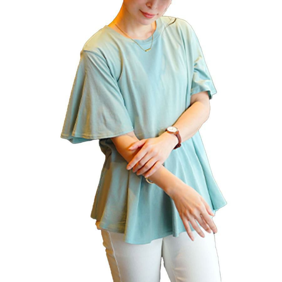 大きいサイズ レディース フレアスリーブペプラムコットンカットソー　wk-0517【メール便可】 ミント