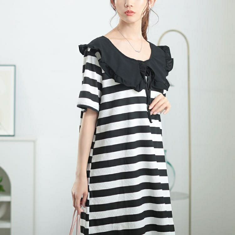 大きいサイズ レディース フリル襟ボーダーチュニックワンピース　goldy-1679【メール便可】