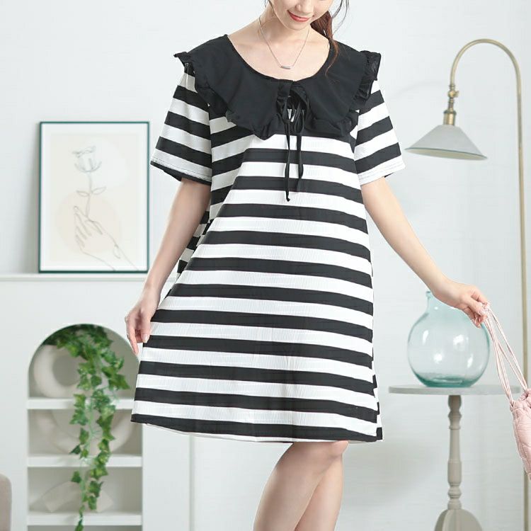 大きいサイズ レディース フリル襟ボーダーチュニックワンピース　goldy-1679【メール便可】