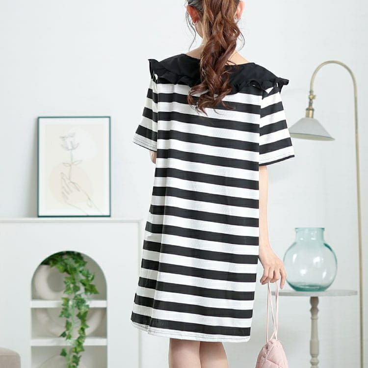 大きいサイズ レディース フリル襟ボーダーチュニックワンピース　goldy-1679【メール便可】