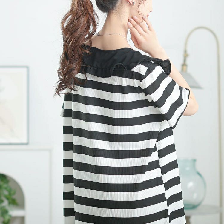 大きいサイズ レディース フリル襟ボーダーチュニックワンピース　goldy-1679【メール便可】