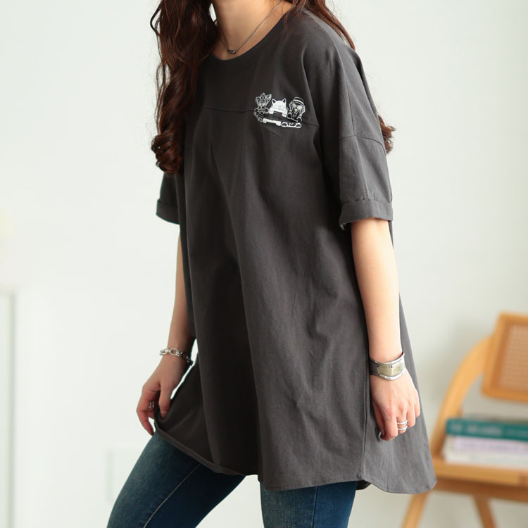 大きいサイズ レディース ドッグプリントコットンチュニックTシャツ　cros-130451【メール便可】