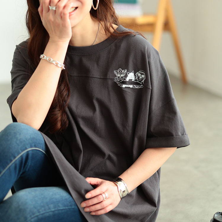大きいサイズ レディース ドッグプリントコットンチュニックTシャツ　cros-130451【メール便可】