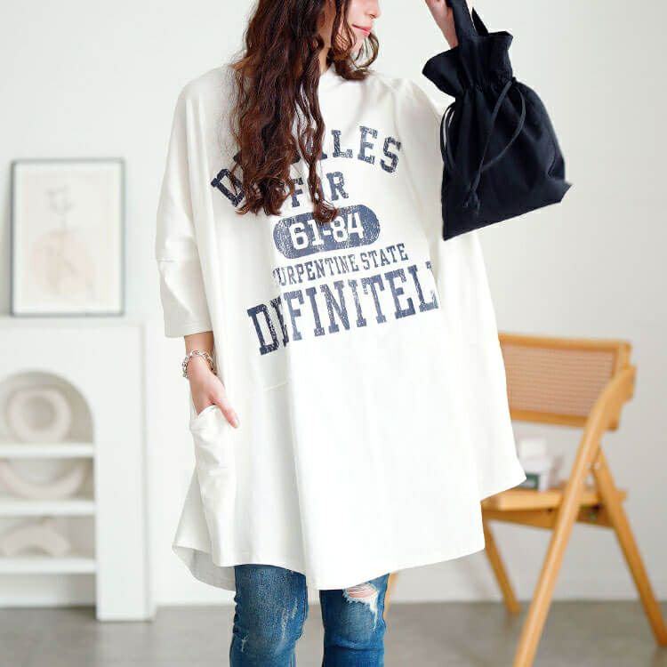 大きいサイズ レディース ロゴプリントコットンチュニックTシャツ　cros-130468