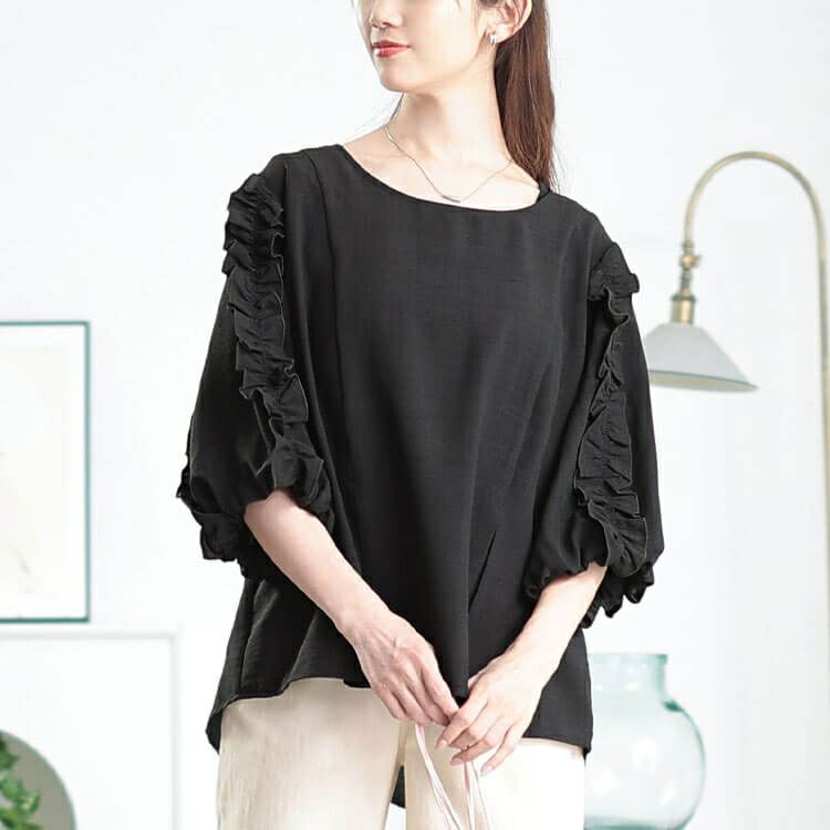 大きいサイズ レディース 接触冷感＆UVカットフリル袖タックペプラムプルオーバー　cpdai-640798