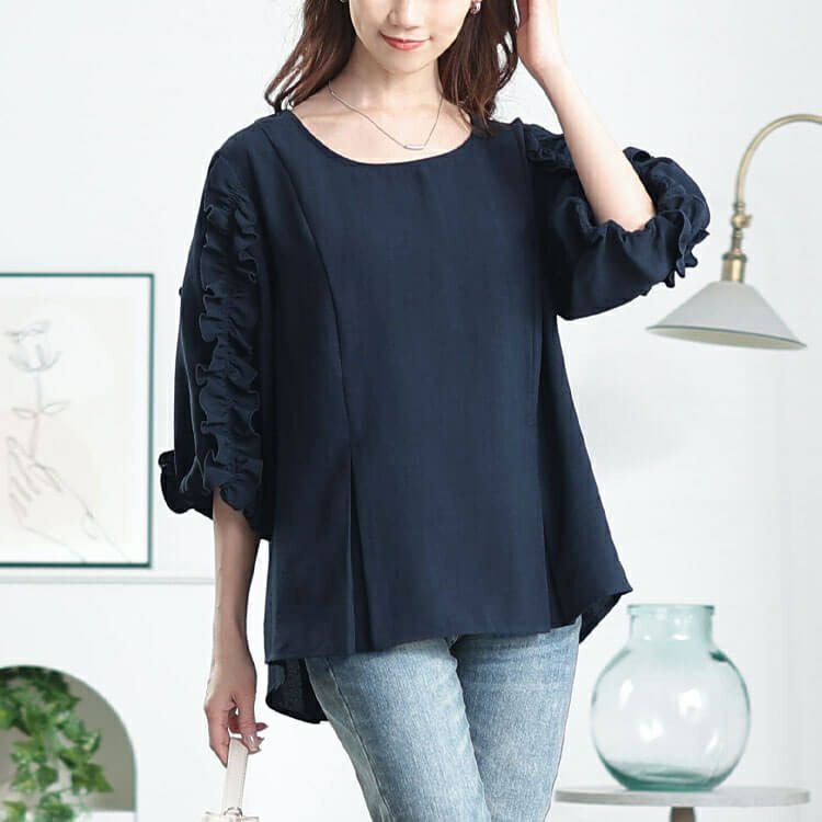 大きいサイズ レディース 接触冷感＆UVカットフリル袖タックペプラムプルオーバー　cpdai-640798