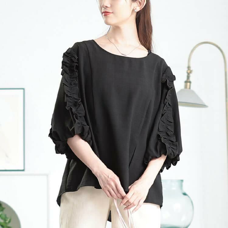 大きいサイズ レディース 接触冷感＆UVカットフリル袖タックペプラムプルオーバー　cpdai-640798 チャコール