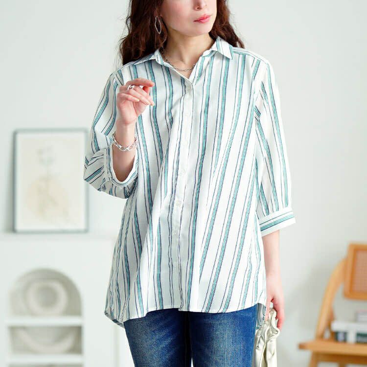 大きいサイズ レディース 接触冷感＆UVカット＆洗濯速乾ストライプシャツ　cpdai-640809【メール便可】