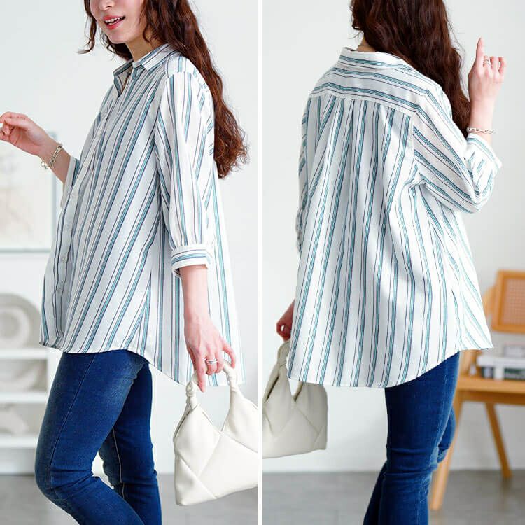 大きいサイズ レディース 接触冷感＆UVカット＆洗濯速乾ストライプシャツ　cpdai-640809【メール便可】