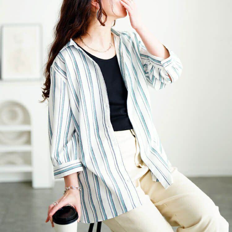 大きいサイズ レディース 接触冷感＆UVカット＆洗濯速乾ストライプシャツ　cpdai-640809【メール便可】