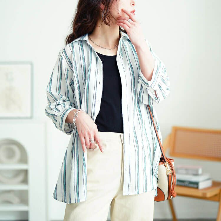 大きいサイズ レディース 接触冷感＆UVカット＆洗濯速乾ストライプシャツ　cpdai-640809【メール便可】