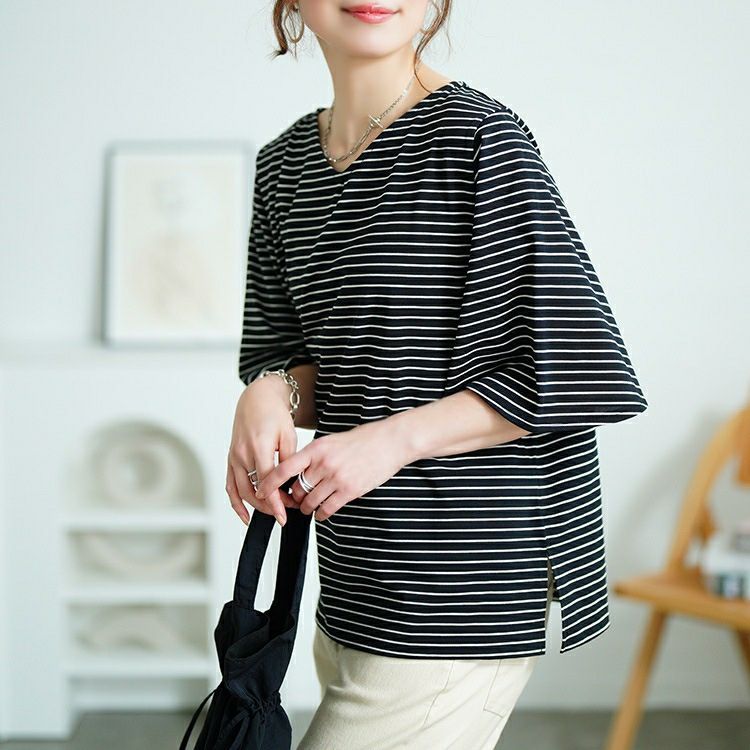 大きいサイズ レディース 抗菌防臭＆接触冷感ボーダーフレアスリーブカットソー　cpdai-659845【メール便可】