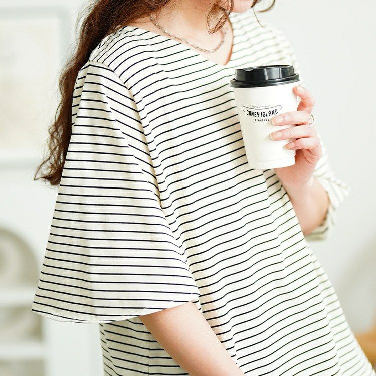 大きいサイズ レディース 抗菌防臭＆接触冷感ボーダーフレアスリーブカットソー　cpdai-659845【メール便可】