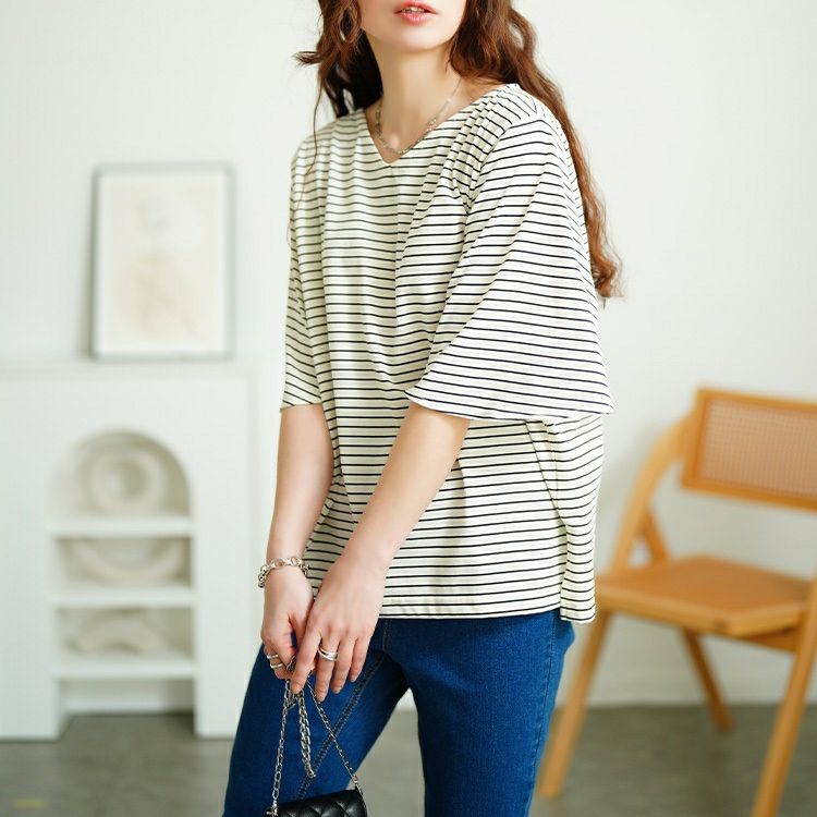 大きいサイズ レディース 抗菌防臭＆接触冷感ボーダーフレアスリーブカットソー　cpdai-659845【メール便可】