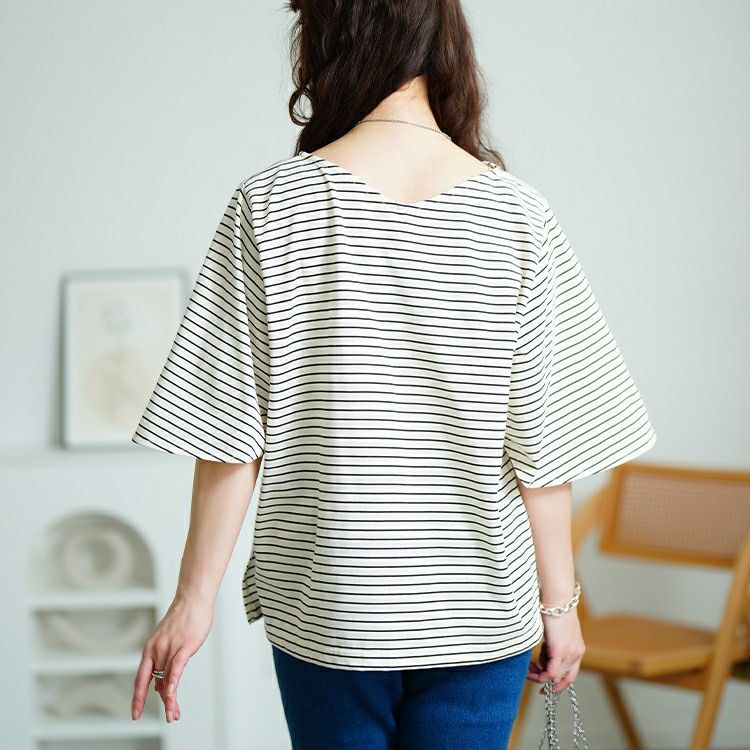 大きいサイズ レディース 抗菌防臭＆接触冷感ボーダーフレアスリーブカットソー　cpdai-659845【メール便可】