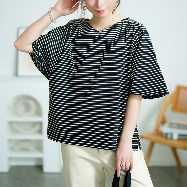 大きいサイズ レディース 抗菌防臭＆接触冷感ボーダーフレアスリーブカットソー　cpdai-659845【メール便可】 ブラック