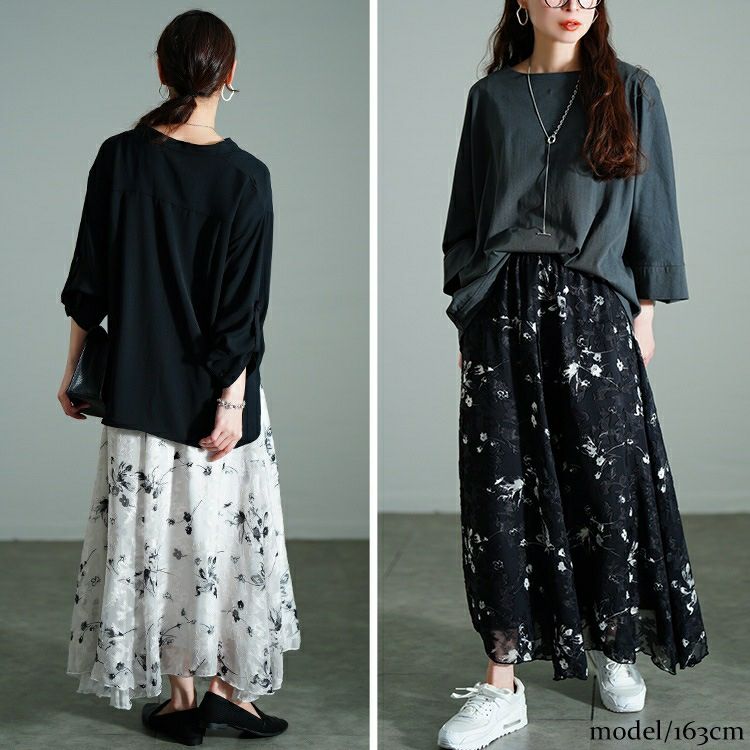大きいサイズ レディース 花柄シフォンジャガードフレアスカート　maru-30140