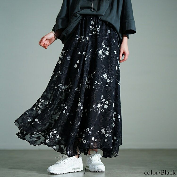 大きいサイズ レディース 花柄シフォンジャガードフレアスカート　maru-30140
