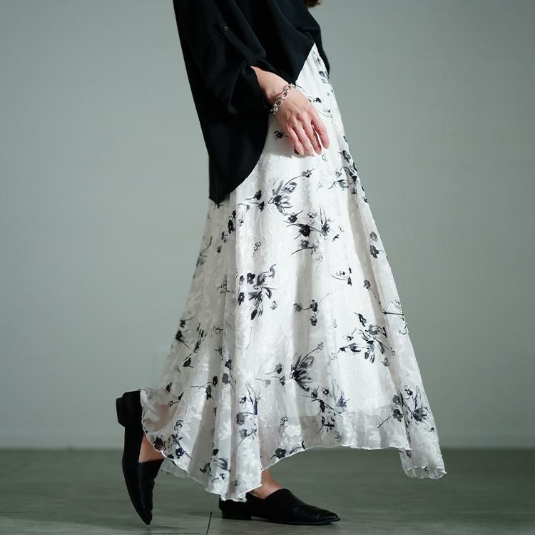 大きいサイズ レディース 花柄シフォンジャガードフレアスカート　maru-30140 オフホワイト