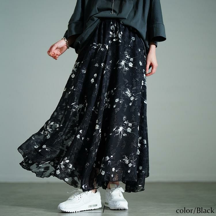 大きいサイズ レディース 花柄シフォンジャガードフレアスカート　maru-30140 ブラック