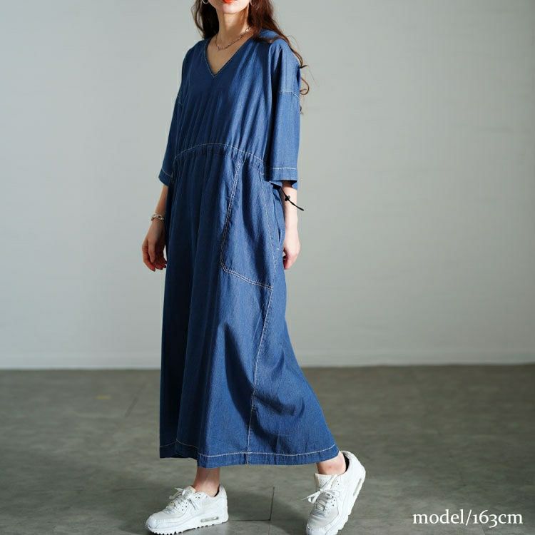大きいサイズ レディース コットンデニムウエストドロストワンピース　gold-0113