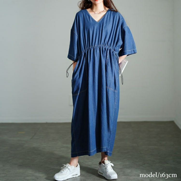 大きいサイズ レディース コットンデニムウエストドロストワンピース　gold-0113