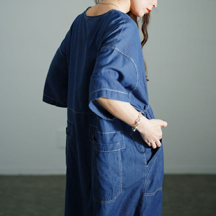 大きいサイズ レディース コットンデニムウエストドロストワンピース　gold-0113