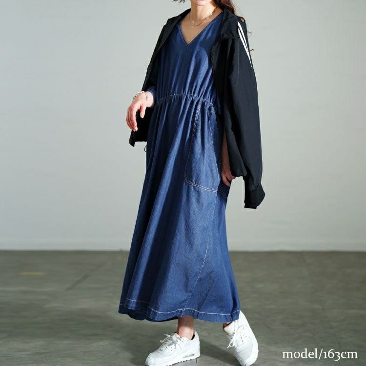 大きいサイズ レディース コットンデニムウエストドロストワンピース　gold-0113