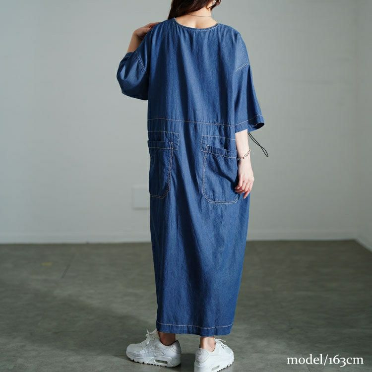 大きいサイズ レディース コットンデニムウエストドロストワンピース　gold-0113
