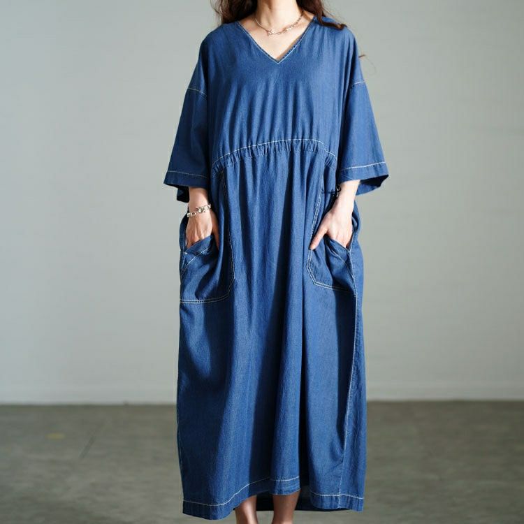 大きいサイズ レディース コットンデニムウエストドロストワンピース　gold-0113