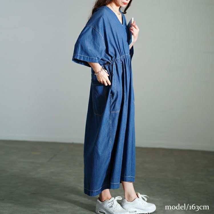 大きいサイズ レディース コットンデニムウエストドロストワンピース　gold-0113