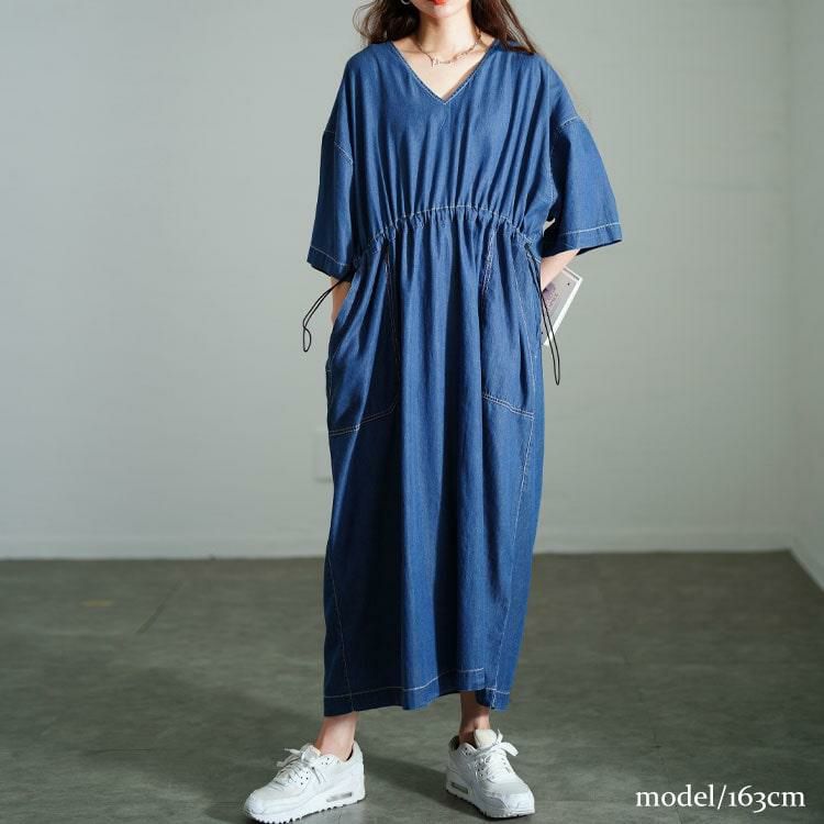 大きいサイズ レディース コットンデニムウエストドロストワンピース　gold-0113 ブルー