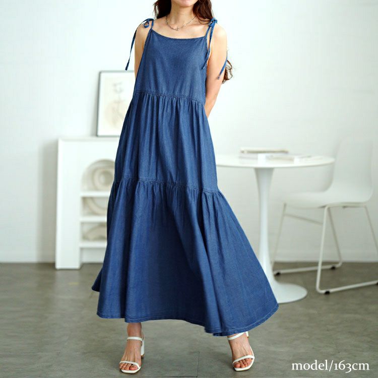 大きいサイズ レディース コットンデニムティアードキャミワンピース　gold-0112