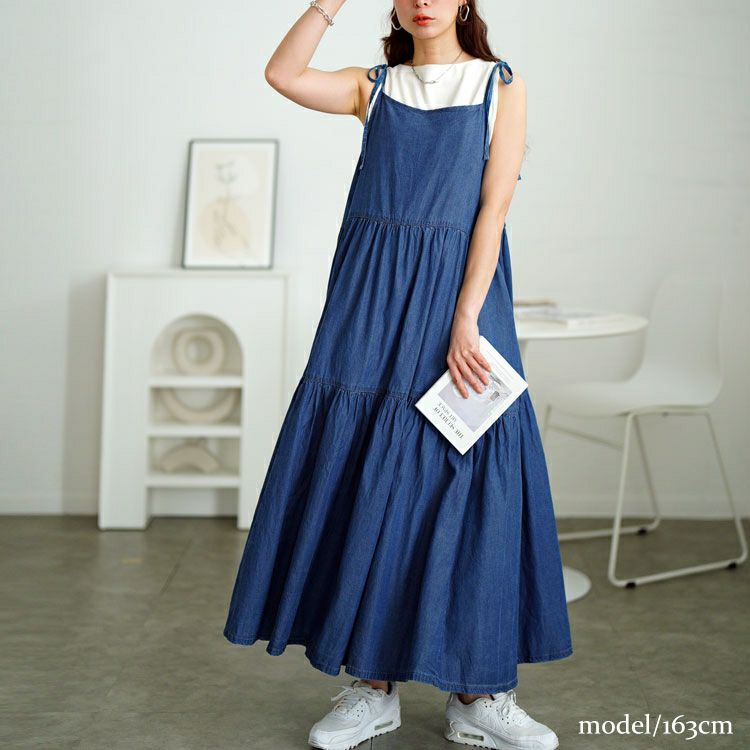 大きいサイズ レディース コットンデニムティアードキャミワンピース　gold-0112
