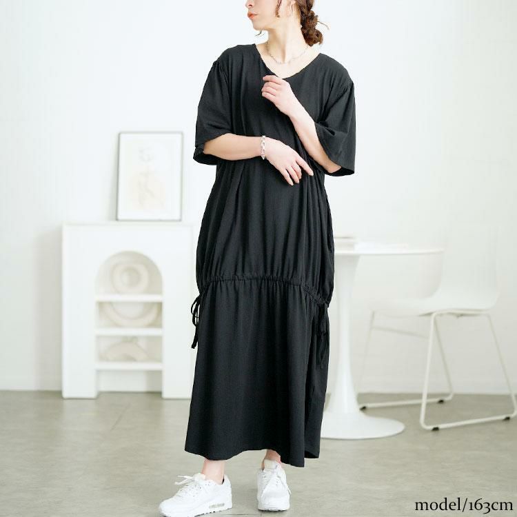 大きいサイズ レディース ドロストマーメイドコットンワンピース　wk-0518 ブラック