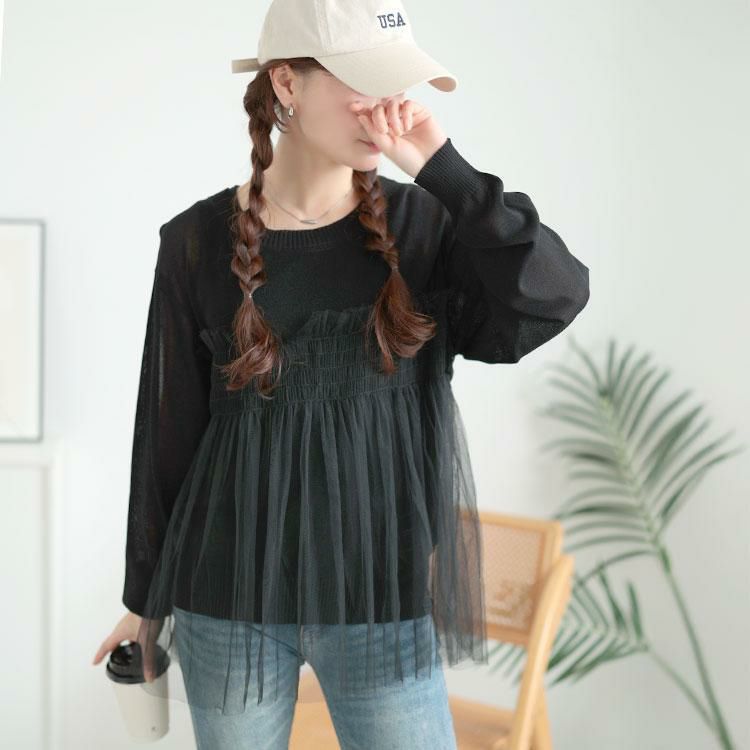 大きいサイズ レディース ビスチェ風チュールドッキングサマーニット　sum-0004 ブラック