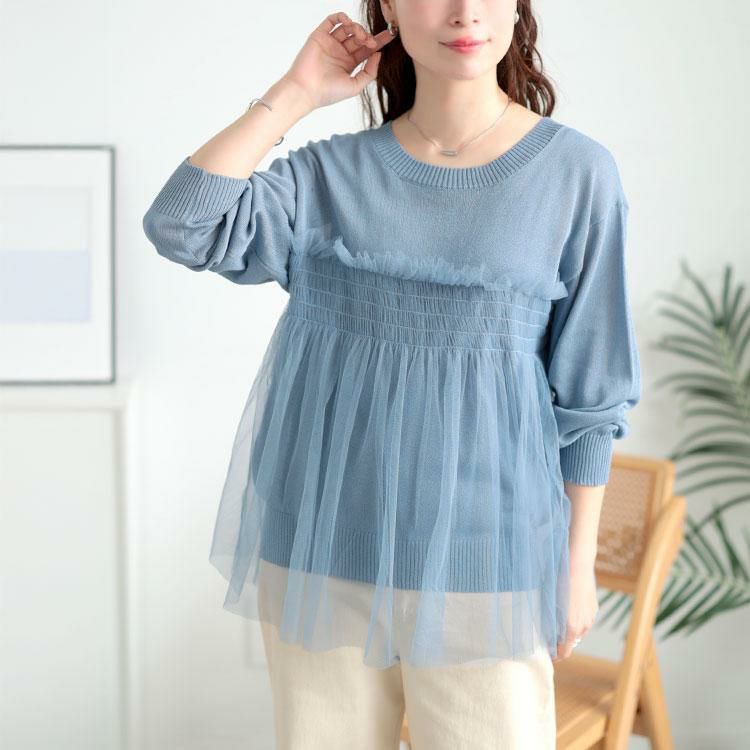 大きいサイズ レディース ビスチェ風チュールドッキングサマーニット　sum-0004 ブルーグレー