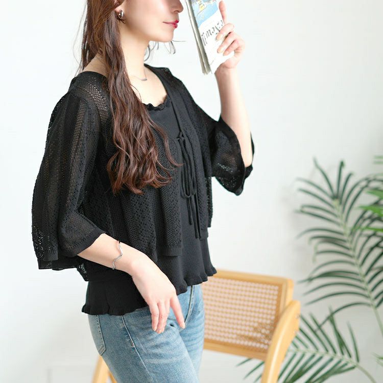 大きいサイズ レディース 透かし編みボレロ＆ショート丈キャミセット　sum-0003