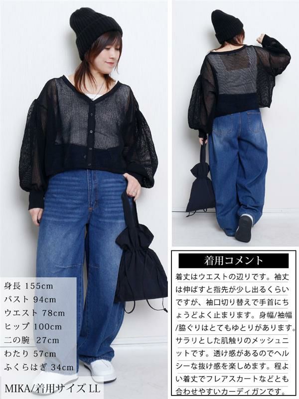 大きいサイズ レディース メッシュ編みボリューム袖ショート丈カーディガン　sum-0005