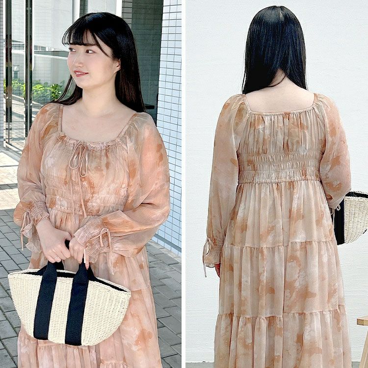 大きいサイズ レディース タイダイ柄スクエアネックティアードワンピース　goldy-1677