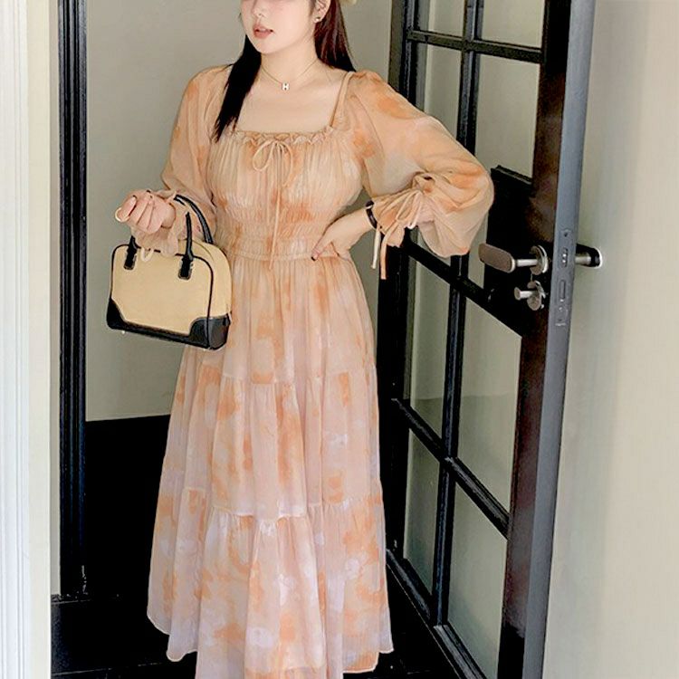 大きいサイズ レディース タイダイ柄スクエアネックティアードワンピース　goldy-1677