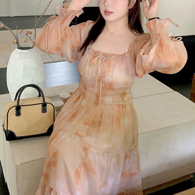 大きいサイズ レディース タイダイ柄スクエアネックティアードワンピース　goldy-1677